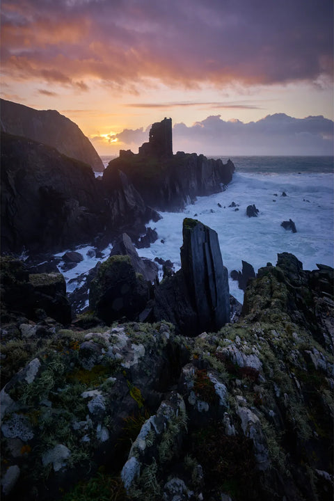 Sunset over Dun an Oir ruins and sea stacks on Cape Clear Island, Cork, fine art landscape photograph by Peter Cox
