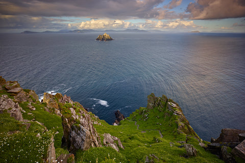 Evening view down the East Steps on Skellig Michael towards Small Skellig, Kerry, fine art landscape photograph by Peter Cox