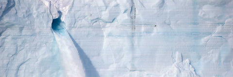 Meltwater cascading down a glacier face with a lone bird in flight, Brasvellbreen, Svalbard