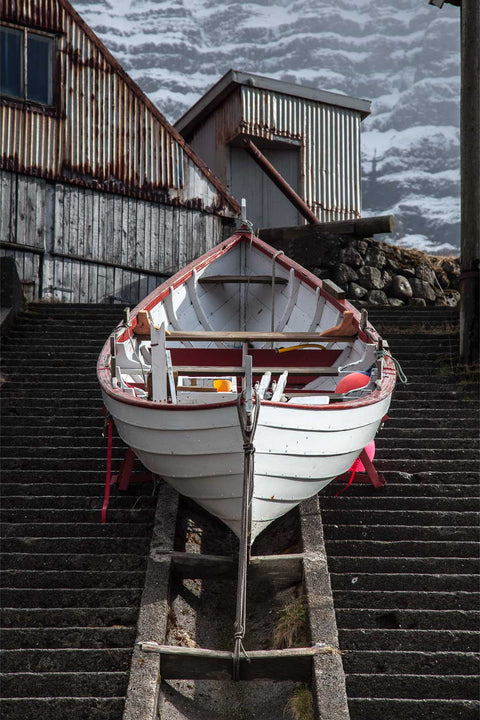 Traditional fishing boat on slipway at Kunoy village, Faroe Islands, fine art landscape photograph by Peter Cox
