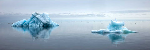 Two icebergs reflected in glass-like still water under a pale sky in Scoresby Sound, Greenland — fine art landscape photograph by Peter Cox