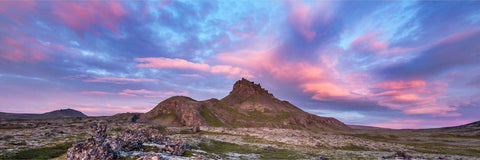 Hreggnasi mountain under pink and purple twilight skies on the Snaefellsnes peninsula, Iceland