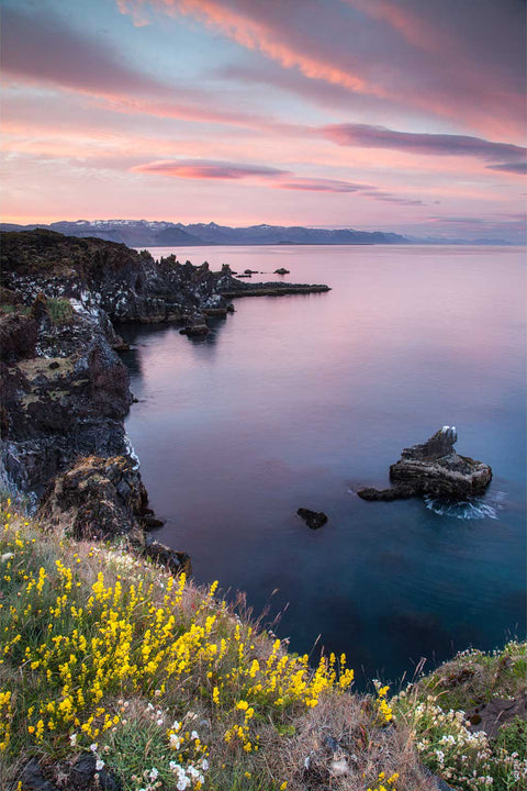 Midnight light over the basalt cliffs of Hellnar with lenticular clouds and calm sea, Snaefellsnes, Iceland — fine art landscape photograph by Peter Cox