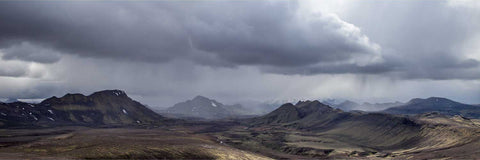 Panoramic view of rugged mountains with rain showers, Fjallabak, Iceland, fine art landscape photograph by Peter Cox