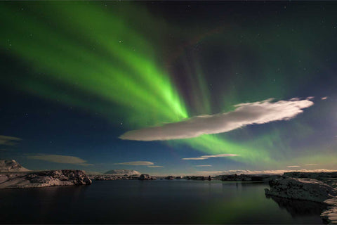 Northern lights reflected in Lake Myvatn with snow-covered shoreline, Iceland — fine art landscape photograph by Peter Cox