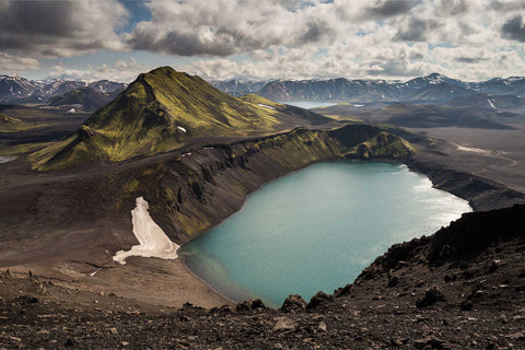 Blahylur volcanic crater lake with turquoise water and snowy mountains, Iceland — fine art landscape photograph by Peter Cox