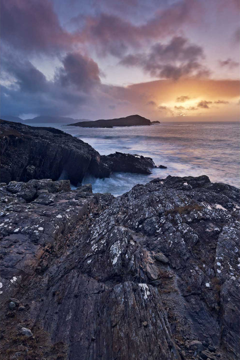 Dramatic sunset over Inishfarnard from Kilcatherine Point on the Beara Peninsula, Co. Cork — fine art landscape photograph by Peter Cox