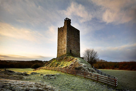 Carrigaphooca Castle tower house at sunrise on a frosty morning by the Sullane River, Co. Cork, fine art landscape photograph by Peter Cox