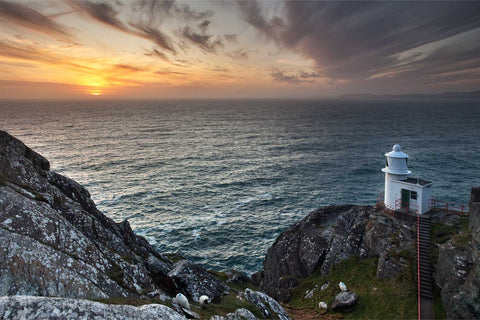 Sheep's Head Lighthouse at the tip of the peninsula looking west into the setting sun with sheep grazing in the foreground