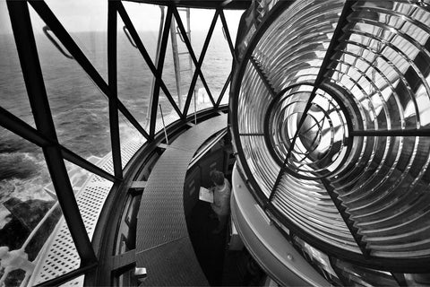 Black and white view from Fastnet Lighthouse lantern with Fresnel lens, Co. Cork, fine art landscape photograph by Peter Cox