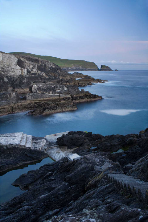 Long exposure of steps down to Dunlough Bay at sunset, Mizen Peninsula, Co. Cork, fine art landscape photograph by Peter Cox