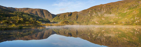 Morning mist and mountain reflections in the still waters of Gougane Barra Lake, Co. Cork — fine art landscape photograph by Peter Cox