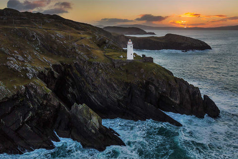 Ardnakinna Lighthouse at sunrise, Bere Island, Co. Cork — fine art aerial photograph by Peter Cox