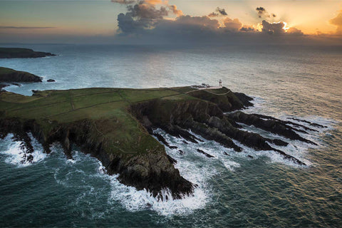 Aerial view of Galley Head Lighthouse at dawn, Co. Cork, fine art aerial photograph by Peter Cox