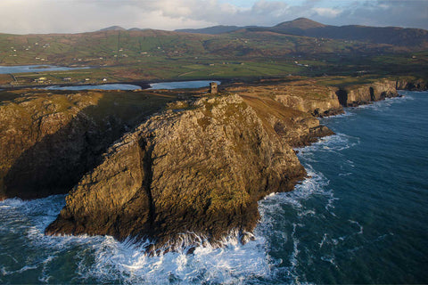 Aerial view of Black Ball Head with watchtower ruins and mountains, Beara, Co. Cork, Ireland — fine art aerial photograph by Peter Cox