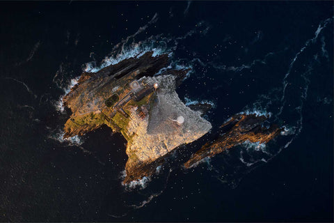 Aerial view of Bull Rock gannet colony at sunset, Co. Cork, fine art aerial photograph by Peter Cox