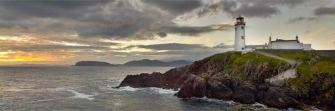 Fanad Head Lighthouse at dawn with sunrise over Inishowen, Co. Donegal, fine art landscape photograph by Peter Cox