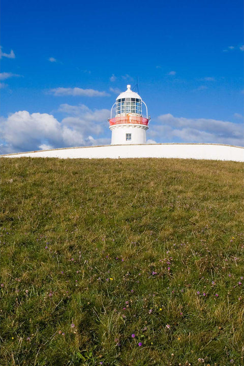 St. John's Point Lighthouse standing on the headland on a bright spring day with green grass, Donegal