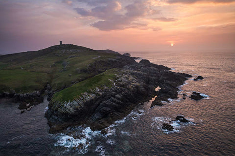 Aerial view of Malin Head at sunset showing Banba's Crown, Ireland's most northerly point, County Donegal