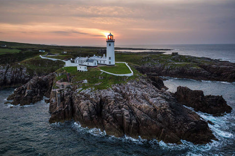 Aerial view of Fanad Head Lighthouse at sunset, Co. Donegal, fine art aerial photograph by Peter Cox