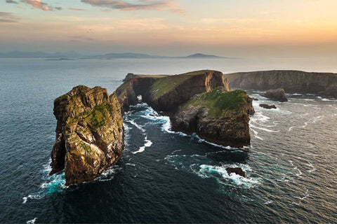 Aerial view of cliffs at Dun Bhaloir on Tory Island at sunset, Co. Donegal, fine art landscape photograph by Peter Cox