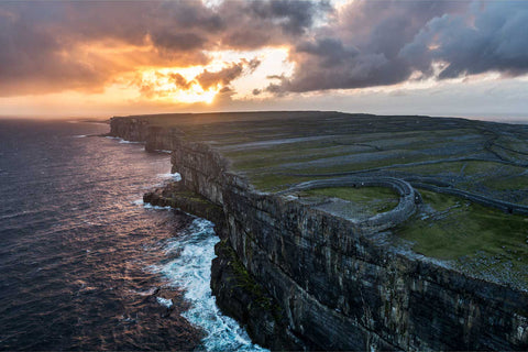 Aerial sunset view of Dun Aengus clifftop fort on Inis Mor, Aran Islands, Co. Galway, fine art landscape photograph by Peter Cox