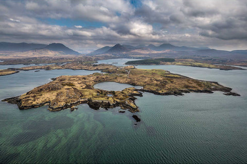 Aerial view of Ballynakill Harbour with Connemara mountains, Co. Galway — fine art landscape photograph by Peter Cox