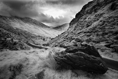 Ballaghbeama Gap mountain pass in black and white, Co. Kerry, Ireland — fine art landscape photograph by Peter Cox