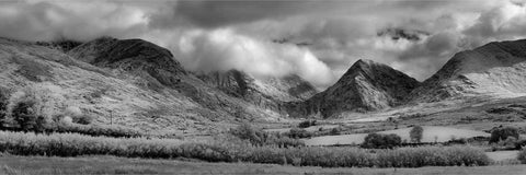 Black and white panorama of Bridia Valley and mountains under cloud, Co. Kerry, Ireland — fine art landscape photograph by Peter Cox