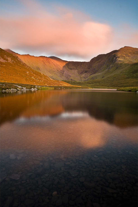 Sunset over Coomloughra valley and Lough Eighter in the Macgillycuddy's Reeks, Co. Kerry, Ireland, fine art landscape photograph by Peter Cox