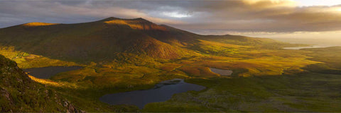 Panoramic sunrise view from Conor Pass over mountains and lakes, Dingle, Co. Kerry, Ireland, fine art landscape photograph by Peter Cox