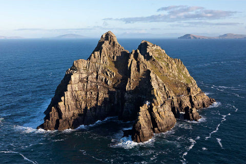 Classic aerial view of Skellig Michael island showing both lighthouses, the ancient monastery and hermitage on twin peaks rising from the Atlantic