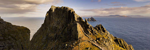 The rugged North Peak of Skellig Michael viewed across Christ's Saddle with the Atlantic stretching beyond the rocky island