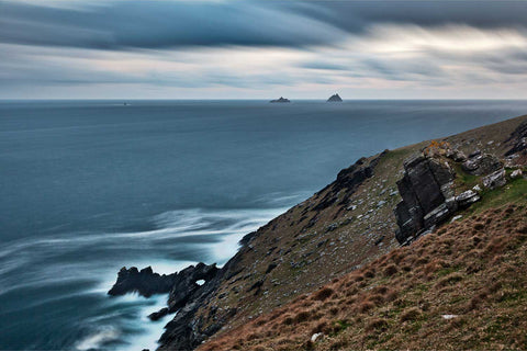 Long exposure view of the Skellig Islands from Bray Head on Valentia Island at dusk, County Kerry