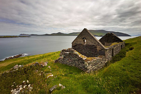Ruined cottage on the Great Blasket Island looking back towards Dingle mainland and mountains, Co. Kerry, Ireland, fine art landscape photograph by Peter Cox