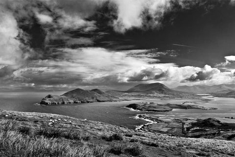 Black and white view of Doulus Head and Beginish from Valentia Island, Co. Kerry, fine art landscape photograph by Peter Cox
