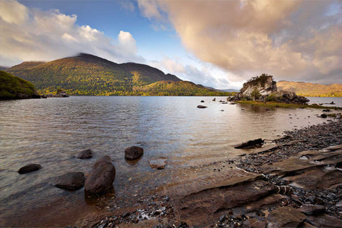 Sunrise over Colleen Bawn Rock with Torc Mountain and lake reflections, Killarney, Co. Kerry, fine art landscape photograph by Peter Cox