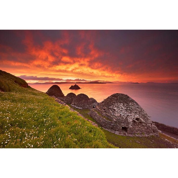 Sunrise over the ancient beehive huts and monastery ruins on Skellig Michael, County Kerry