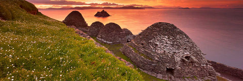 Panoramic view of the ancient monastery ruins on Skellig Michael at sunrise, perched 600 feet above the Atlantic
