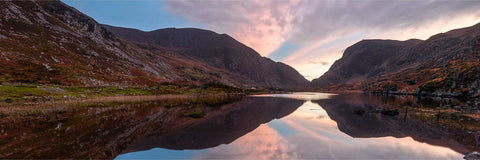 Panoramic sunset view of the Gap of Dunloe with lake reflections, Co. Kerry, fine art landscape photograph by Peter Cox