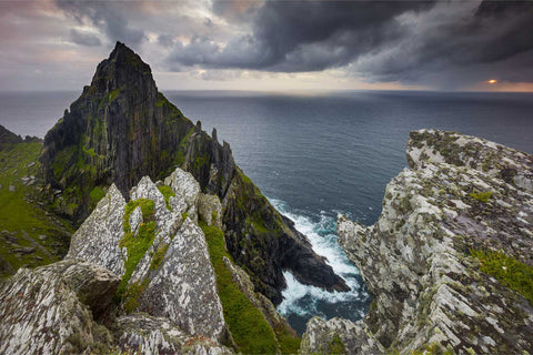 The south peak of Skellig Michael seen from the northern peak above the monastery at sunset, Kerry