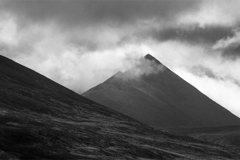 Black and white view of Cruach Mhor peak in the Macgillycuddy's Reeks shrouded in cloud, Co. Kerry, Ireland, fine art landscape photograph by Peter Cox