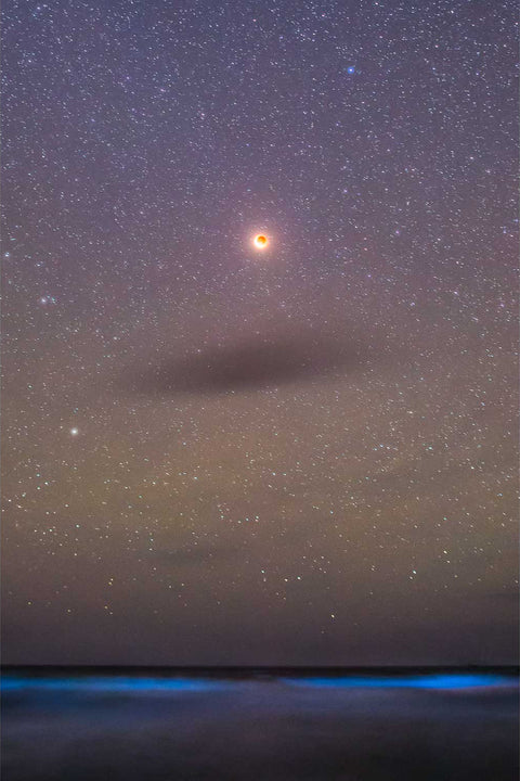 Total lunar eclipse over the Kerry Dark Sky Reserve at Ballinskelligs with bioluminescent plankton glowing blue in the water