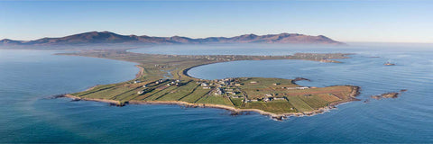 Panoramic aerial view of the Maharees with Brandon Mountain rising through morning haze, Dingle Peninsula, Kerry