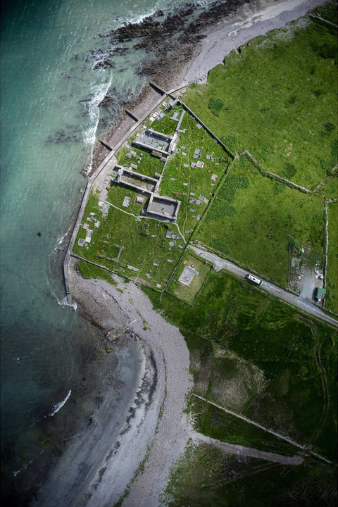 Ballinskelligs Priory ruins from the air, Co. Kerry coast, Ireland — fine art aerial photograph by Peter Cox