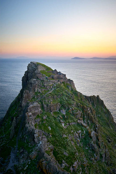 Aerial view of Skellig Michael island rising from the Atlantic Ocean at dawn, County Kerry