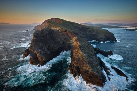 Aerial sunset over Bray Head cliffs and coast, Valentia Island, Co. Kerry, Ireland — fine art aerial photograph by Peter Cox