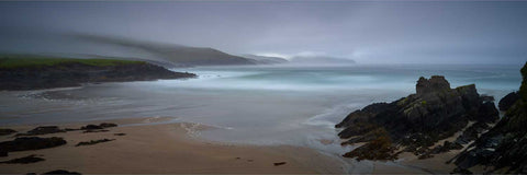 Long exposure of gentle waves on Glen Beach with Bolus Head in fog at St. Finian's Bay, Kerry, fine art landscape photograph by Peter Cox