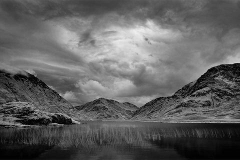 Black and white view across Doo Lough towards Ben Gorm and mountains, Co. Mayo, fine art landscape photograph by Peter Cox