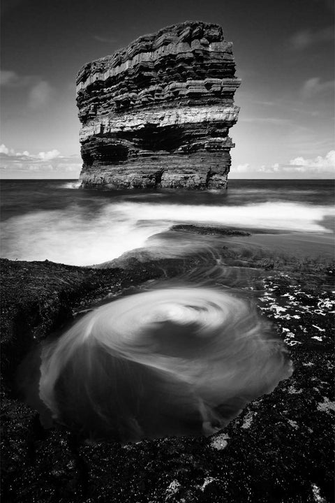 Black and white long exposure of Dun Briste sea stack at Downpatrick Head, Co. Mayo, fine art landscape photograph by Peter Cox
